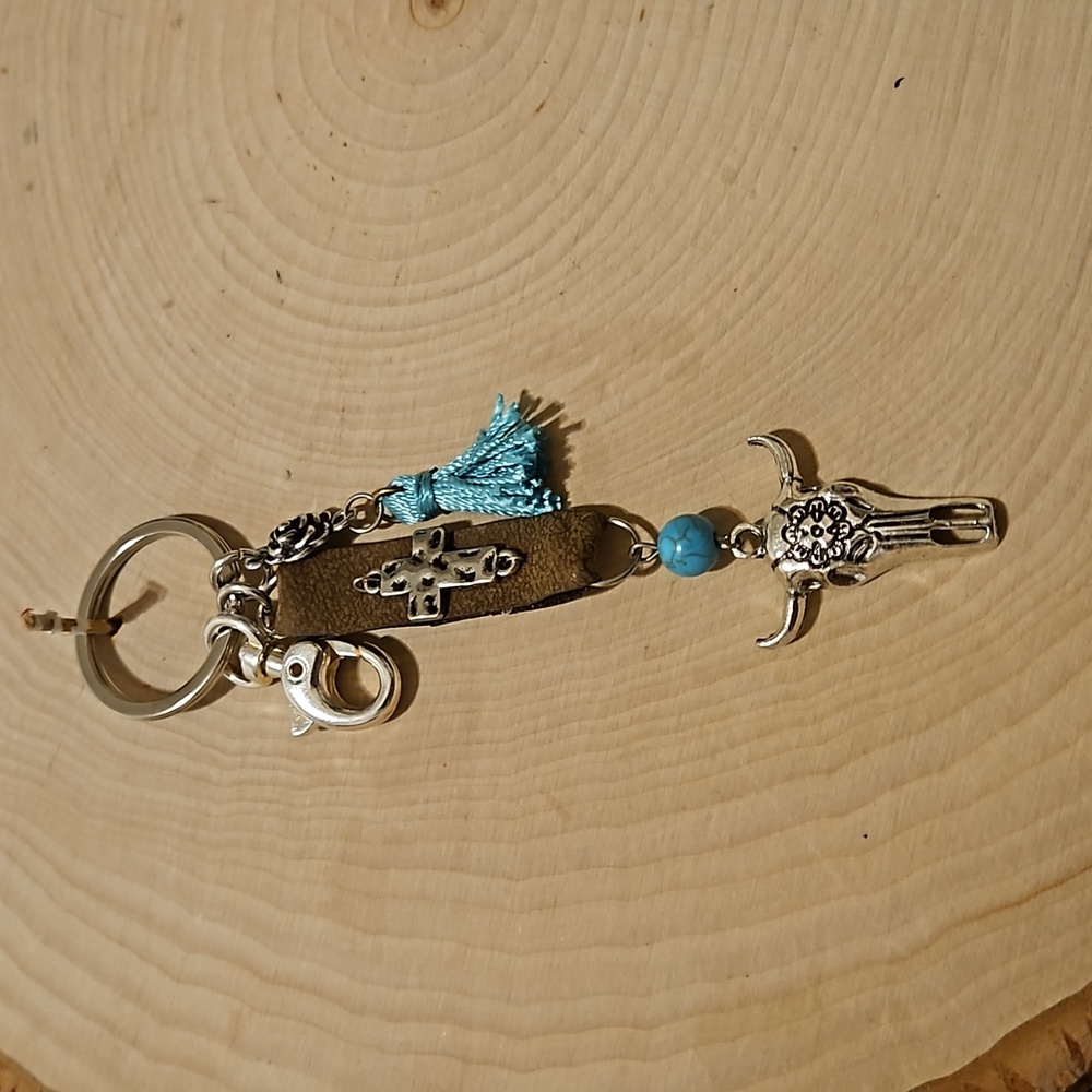 Boho western keychain with rose and bull head cow head cross and turquoise charm